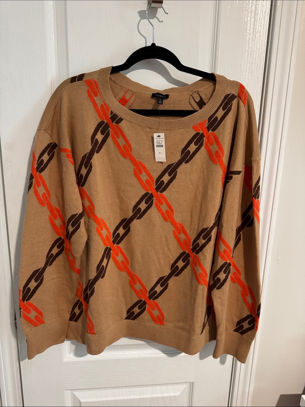Talbots Tan Crewneck Sweater with Orange & Dark Brown Chain Motif